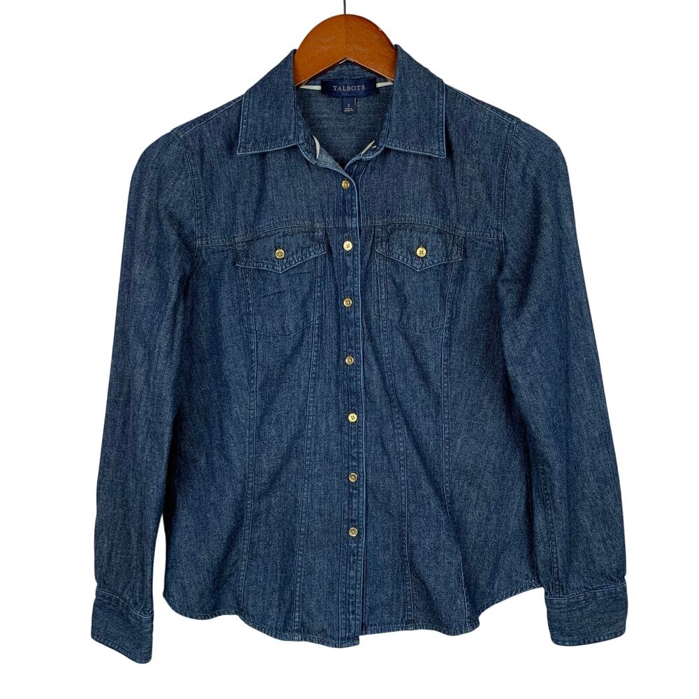 Talbots Denim Shirt Button Front Dark Blue Long Sleeve Women's 2